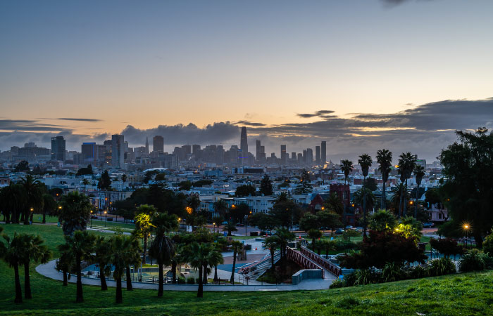 Sunrise over Dolores Park in San Francisco’s Mission Dolores neighborhood.